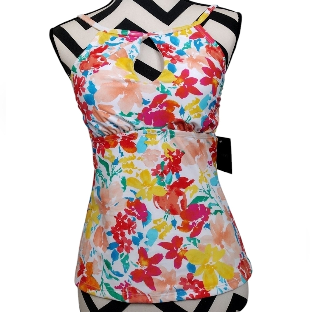 NWT Ellen Tracy Floral Summer Vacation Halter Neck Swimsuit Top Sz 10